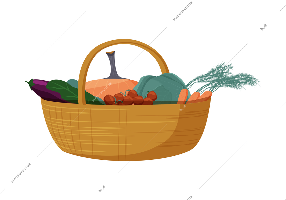 Farm harvest flat icon with basket of various fresh vegetables vector illustration