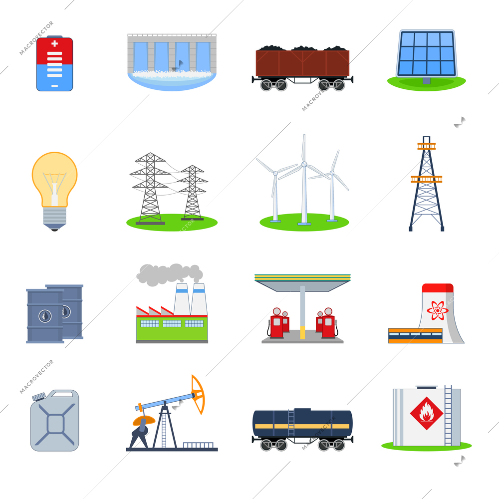 Energy and electricity icons set with battery hydroelectric plant coal wagon isolated vector illustration