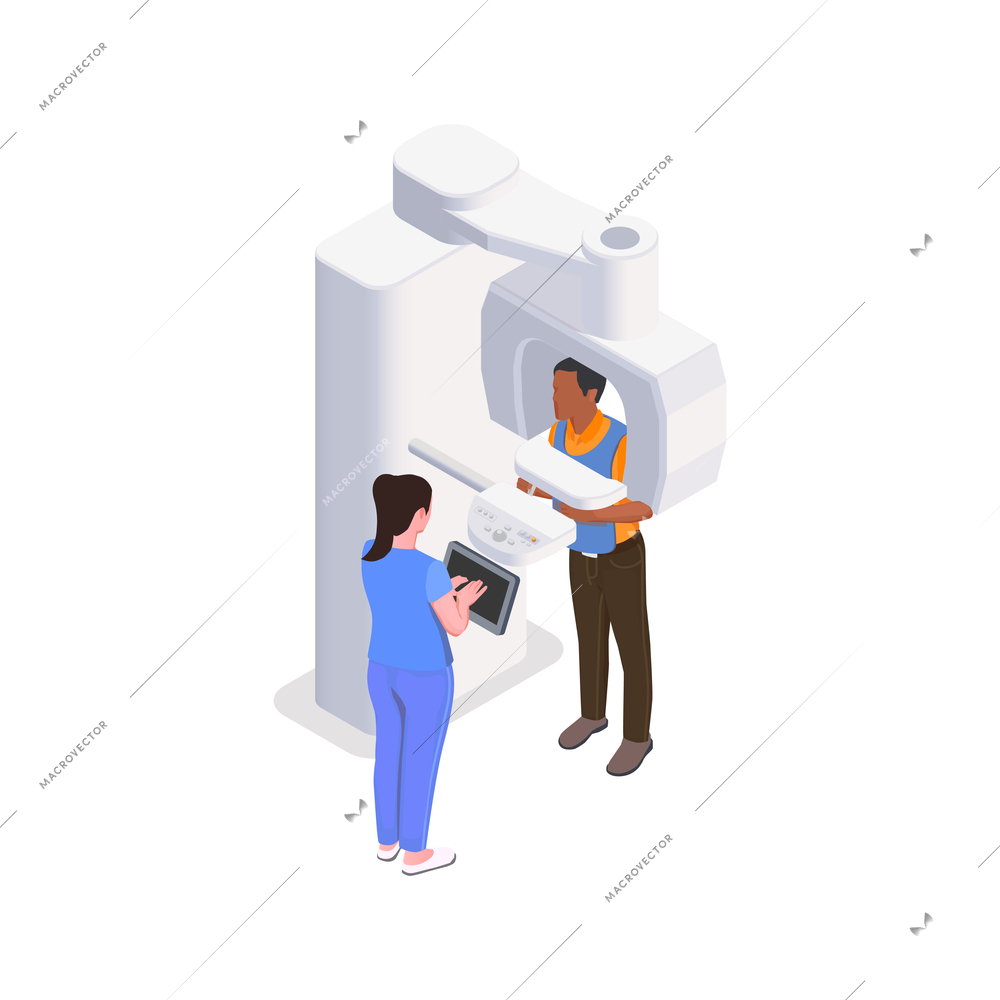 Xray equipment in dental clinic characters of patient and doctor isometric icon 3d vector illustration