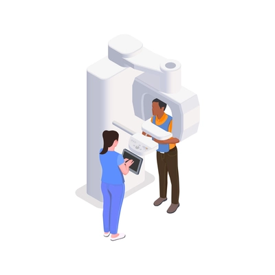 Xray equipment in dental clinic characters of patient and doctor isometric icon 3d vector illustration