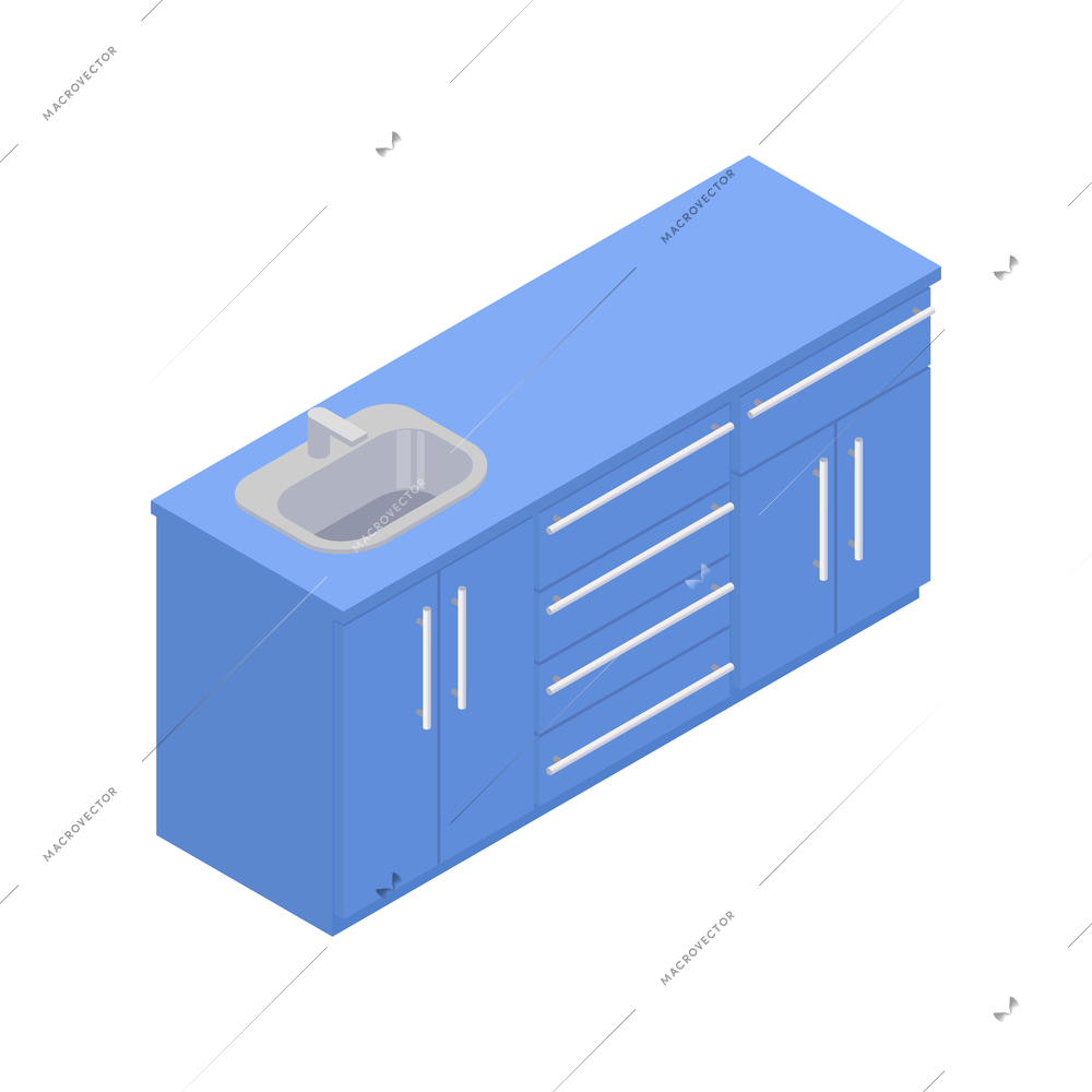Kitchen sink with blue cupboards and drawers isometric vector illustration