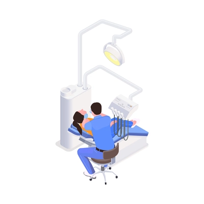 Stomatology isometric icon with doctor patient and equipment for dental treatment vector illustration