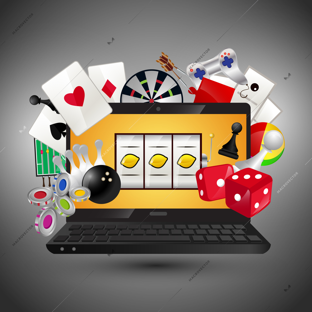 Video gambling games concept with laptop and play icons set vector illustration