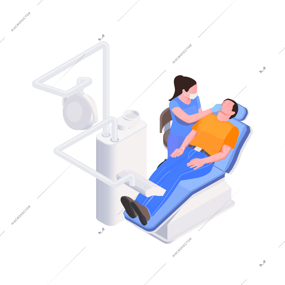 Dental clinic isometric icon with man having dental treatment 3d vector illustration