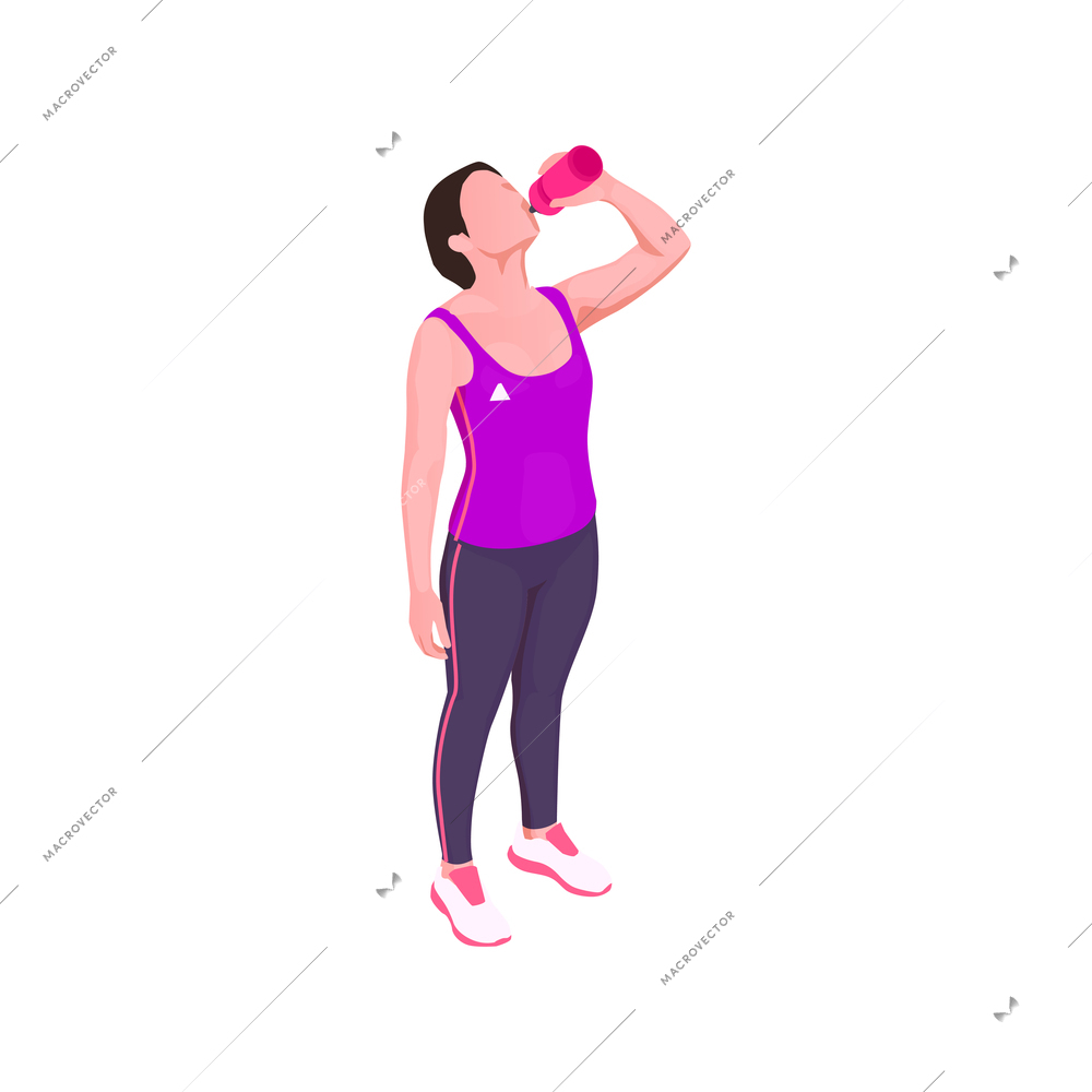 Isometric icon with woman drinking water from bottle after workout vector illustration