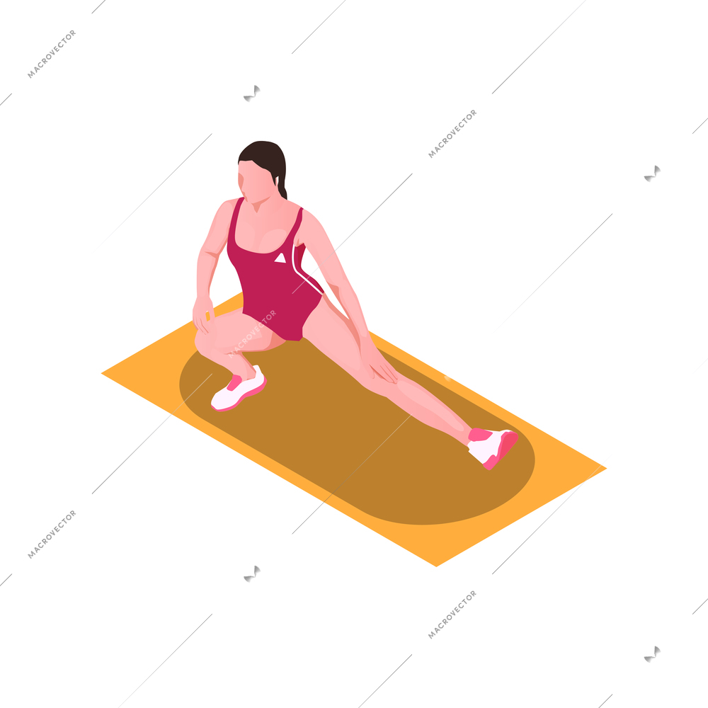 Female athlete stretching legs on mat isometric icon vector illustration