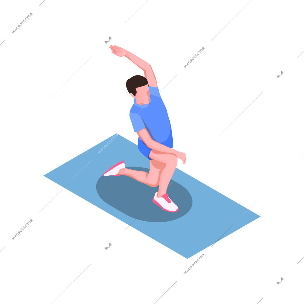 Man stretching body on mat isometric vector illustration