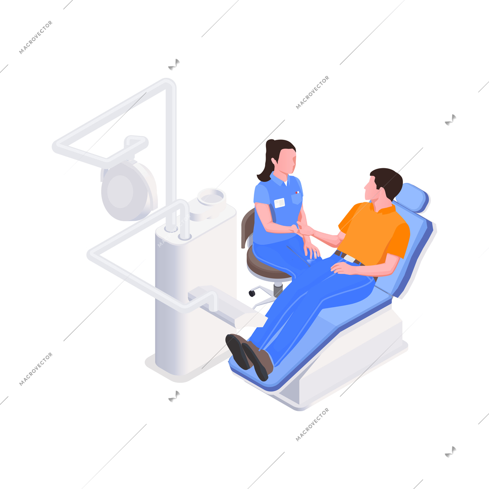 Isometric characters of patient and dentist in dental clinic room vector illustration