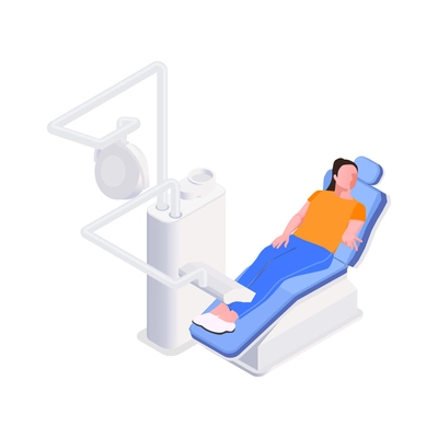 Dentist room interior and female patient on chair isometric icon vector illustration