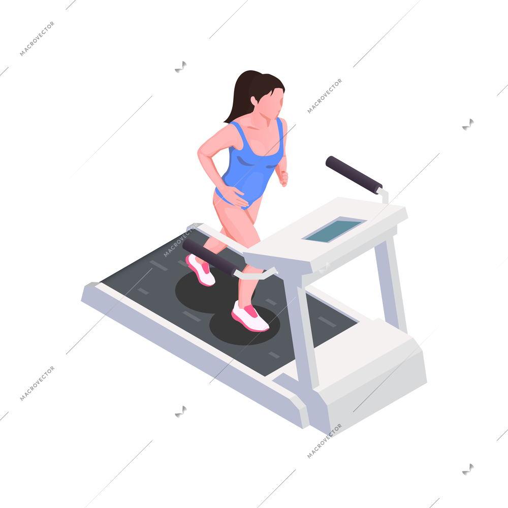 Woman exercising on running machine in gym isometric vector illustration