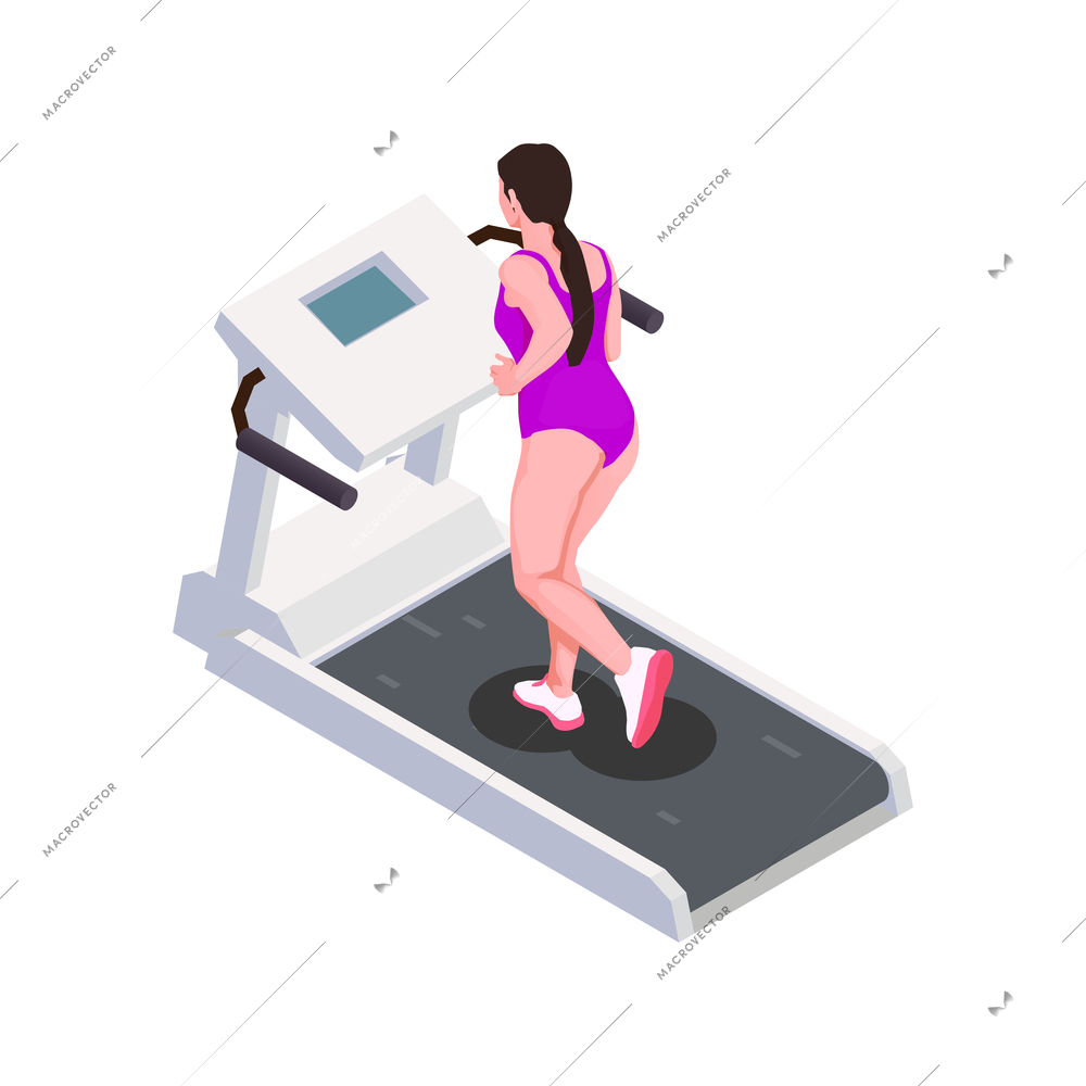 Isometric icon with woman training on running machine vector illustration