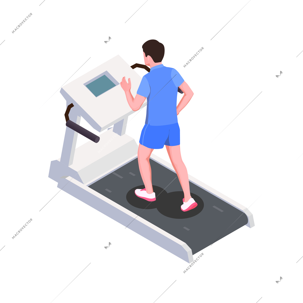 Man exercising on treadmill back view isometric icon vector illustration