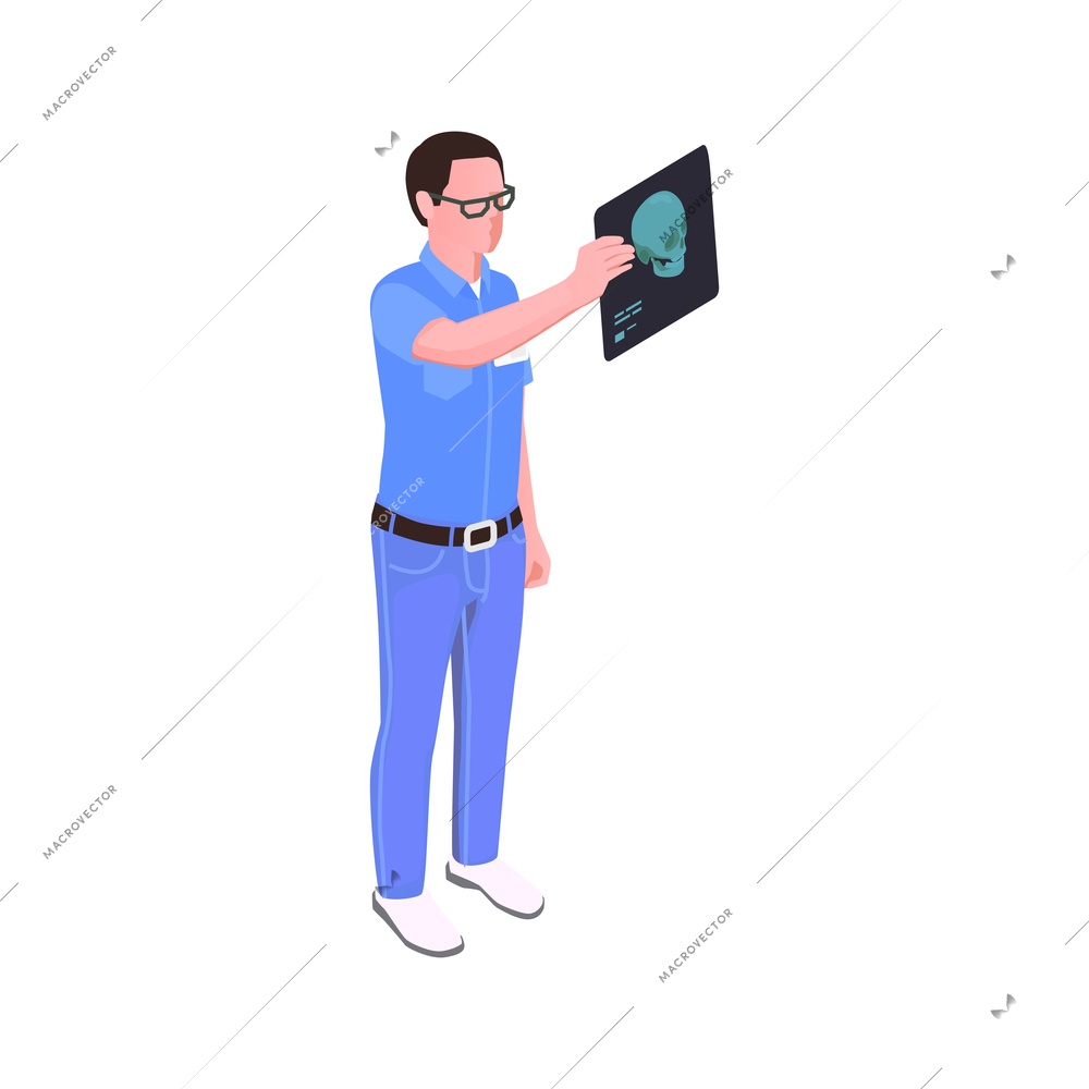 Male dentist in glasses holding xray picture isometric icon vector illustration