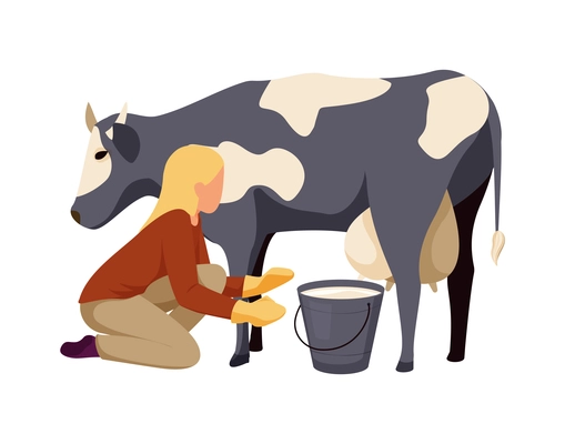 Flat farm icon with character milking cow vector illustration