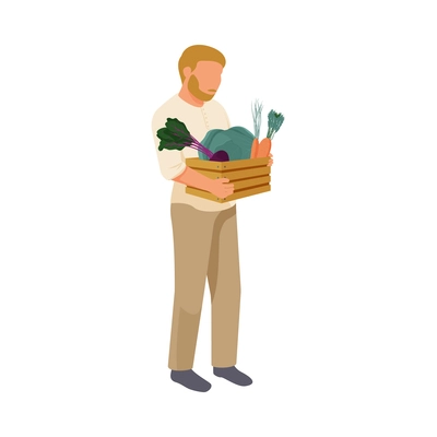Flat farm icon with character holding wooden box with ripe beetroot cabbage carrot vector illustration