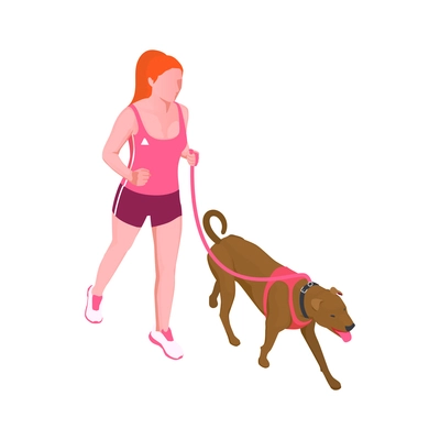 Isometric icon with woman in sportswear running with her dog 3d vector illustration