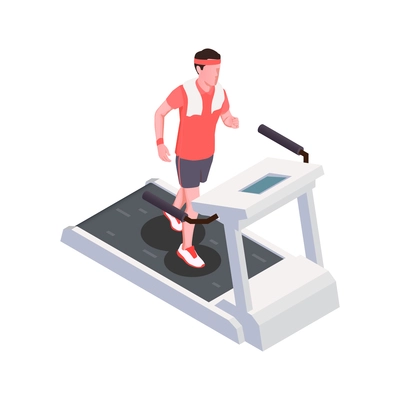 Isometric male character running on treadmill vector illustration