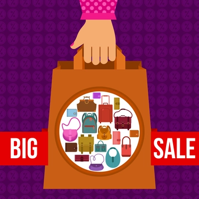 Big sale design concept with woman hand and paper shopping bag vector illustration