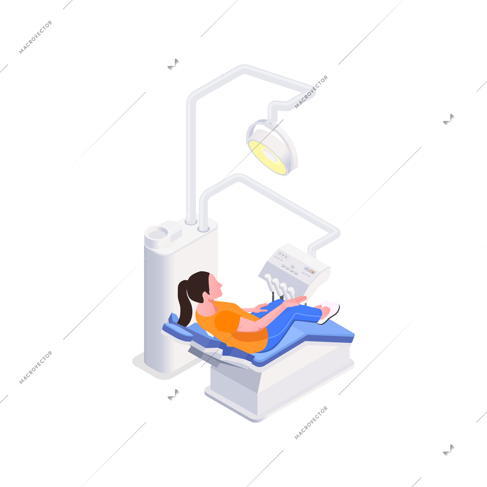Stomatology clinic isometric icon with woman sitting on dentists chair 3d vector illustration