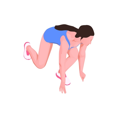 Isometric icon with female runner on start preparing to run 3d vector illustration