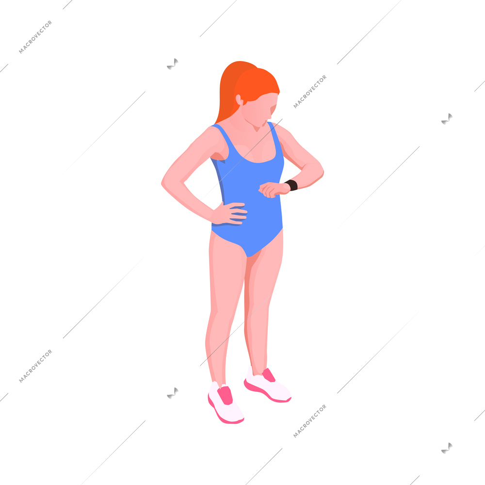 Isometric icon with female runner looking at watch 3d vector illustration