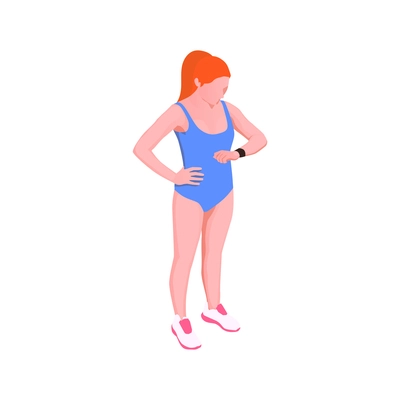 Isometric icon with female runner looking at watch 3d vector illustration