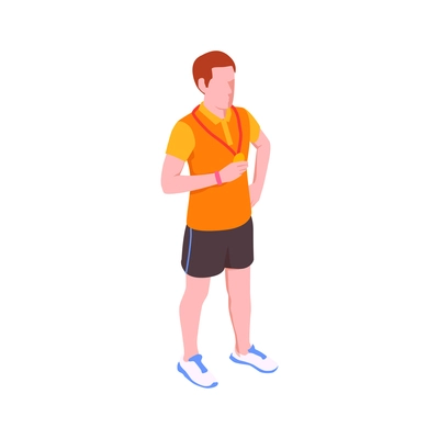 Isometric icon with character of running marathon winner with gold medal vector illustration