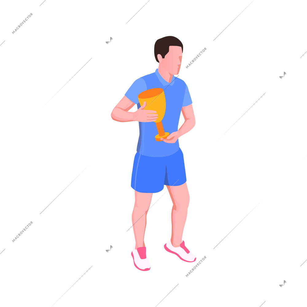 Running marathon winner holding cup isometric icon on white background vector illustration