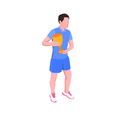 Running marathon winner holding cup isometric icon on white background vector illustration