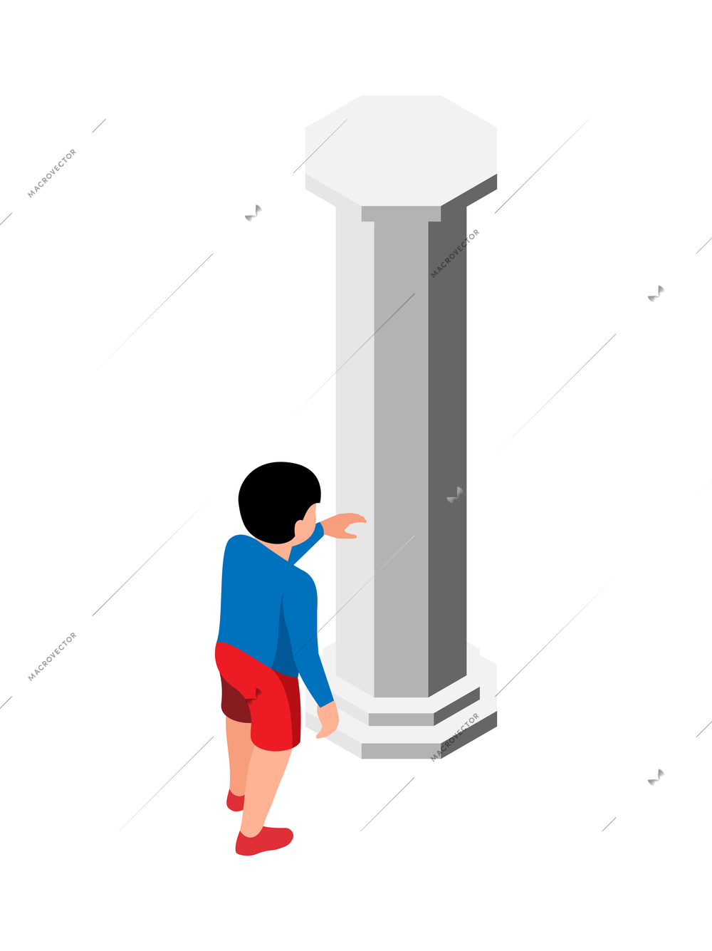 Isometric historical museum icon with little boy looking at stone column 3d vector illustration