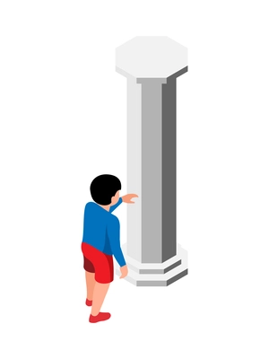 Isometric historical museum icon with little boy looking at stone column 3d vector illustration