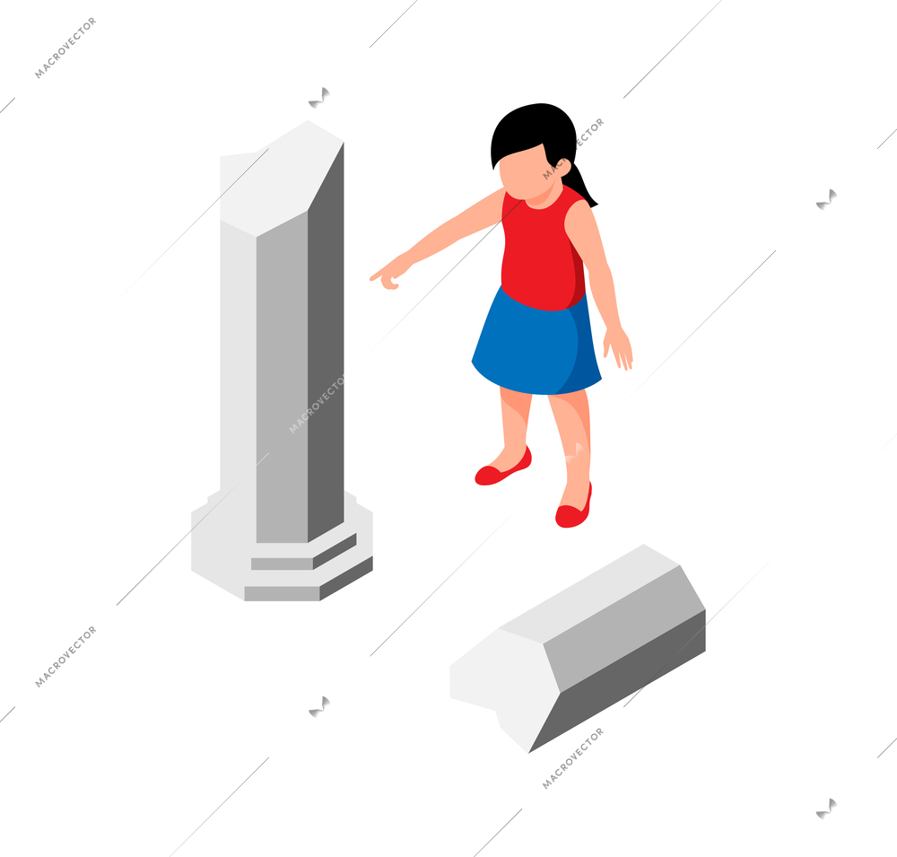 Little girl pointing at stone column at historical museum 3d isometric vector illustration