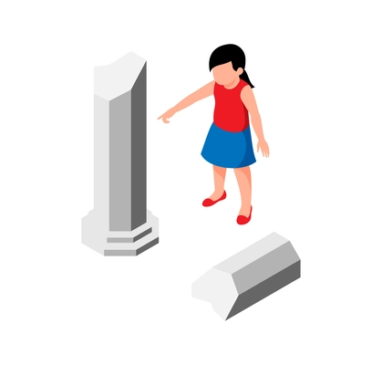 Little girl pointing at stone column at historical museum 3d isometric vector illustration