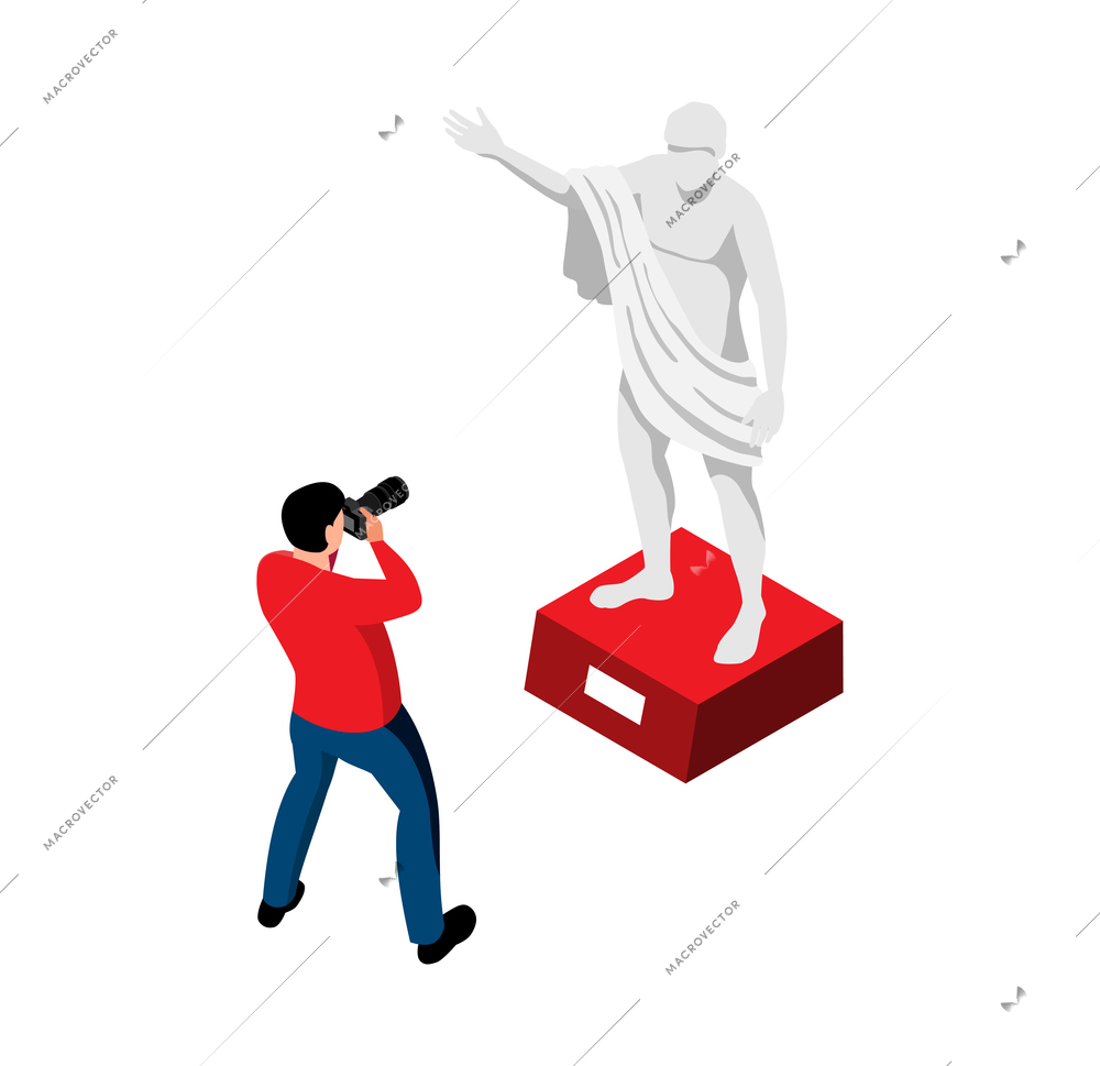 Man with camera taking photo of sculpture in historical museum 3d isometric vector illustration