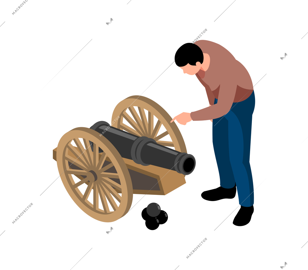 Historical museum isometric icon with male visitor looking at cannon 3d vector illustration