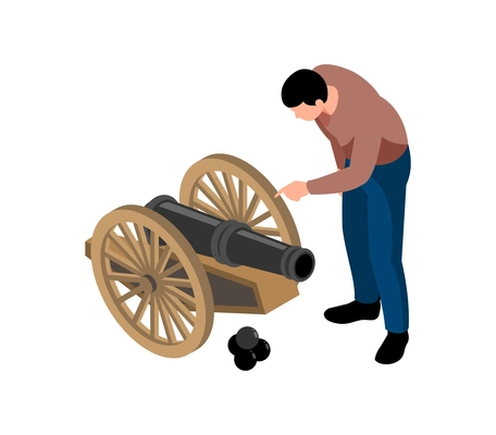 Historical museum isometric icon with male visitor looking at cannon 3d vector illustration