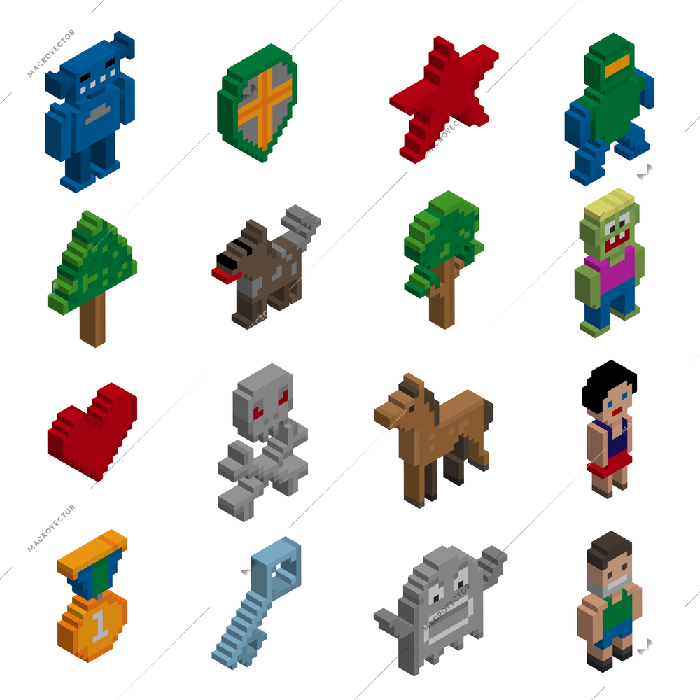 Video game cartoon pixel characters isometric icons set isolated vector illustration