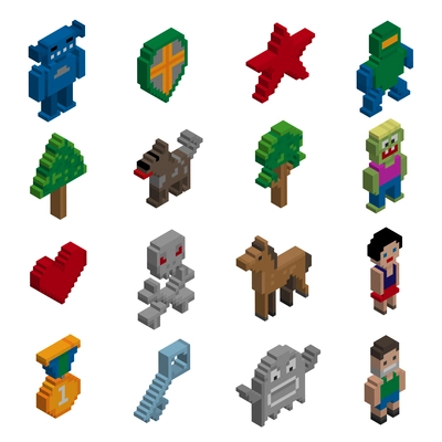 Video game cartoon pixel characters isometric icons set isolated vector illustration