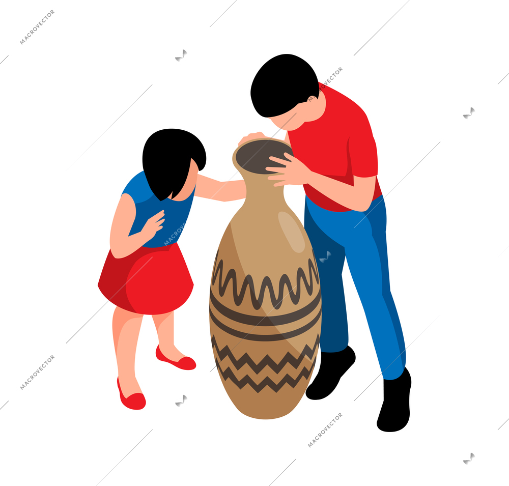 Children looking into old vase in historical museum 3d isometric vector illustration