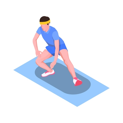 Isometric icon with runner stretching legs on mat 3d vector illustration