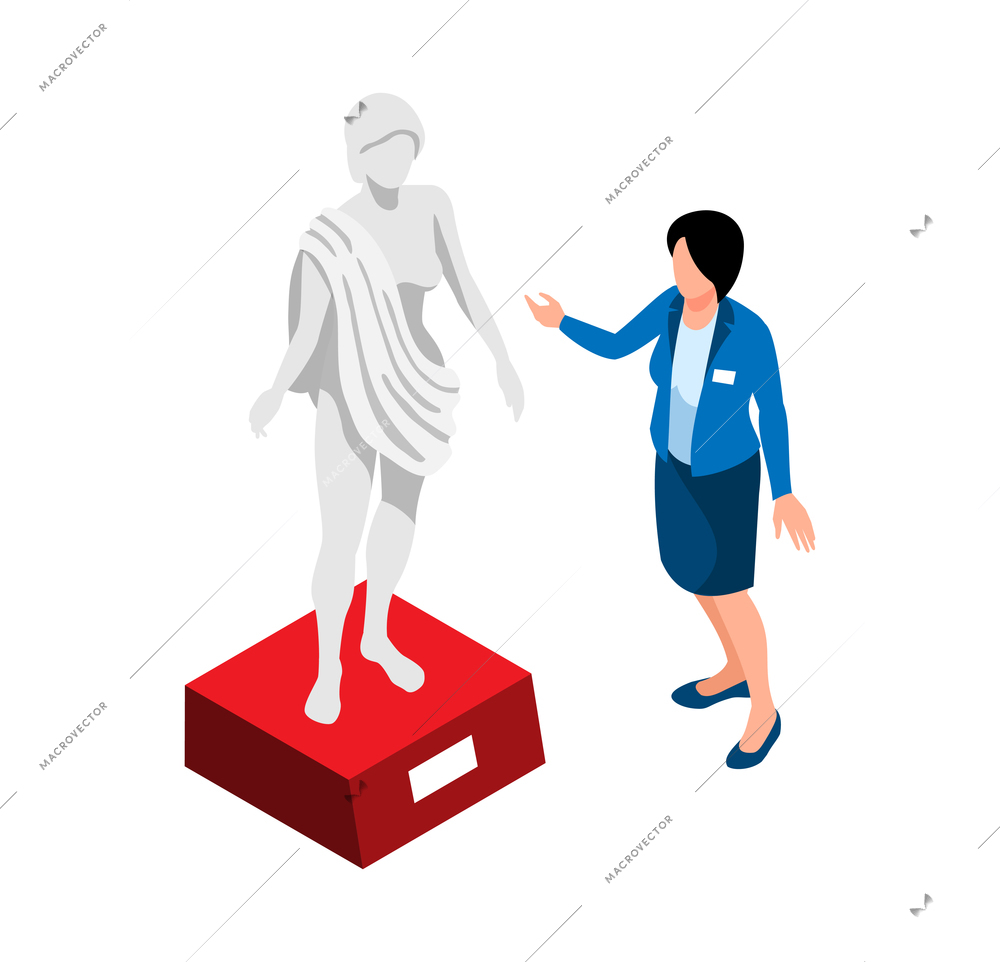 Isometric historical museum icon with statue on pedestal and female curator vector illustration