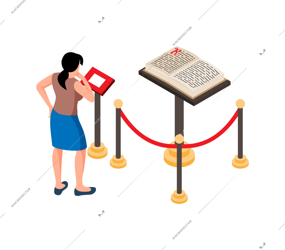 Woman looking at old book at historical museum 3d isometric vector illustration