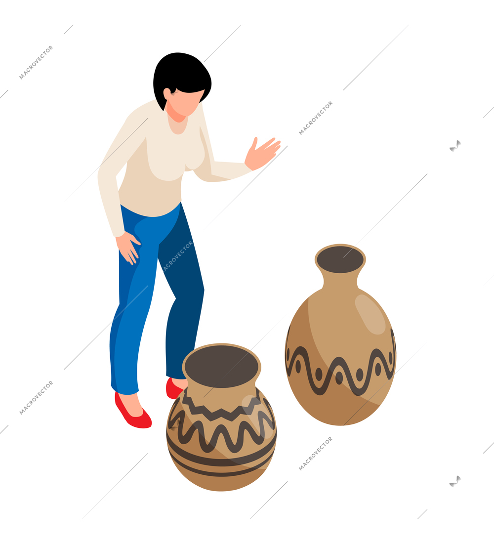 Historical museum isometric icon with female visitor and two vases vector illustration