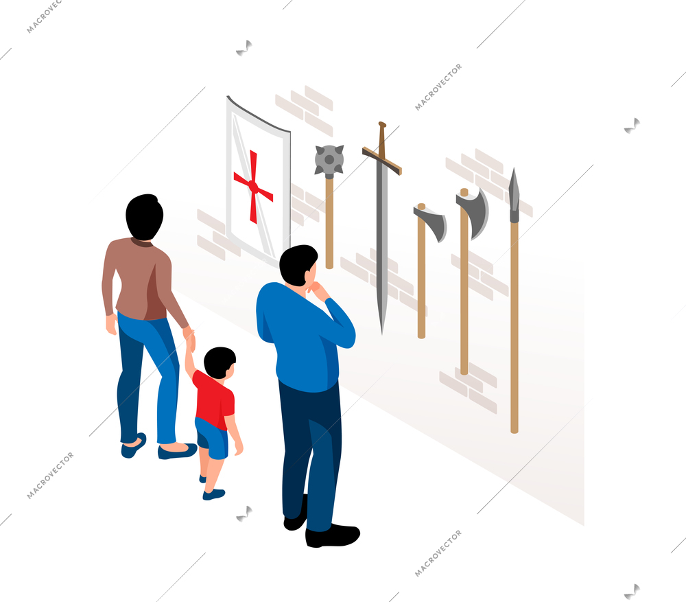 Historical museum visitors watching ancient weapons on wall isometric vector illustration