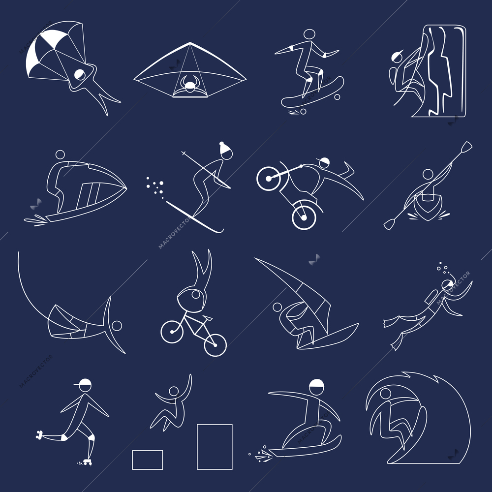 Extreme sports icons outline set of fun leisure holidays isolated vector illustration