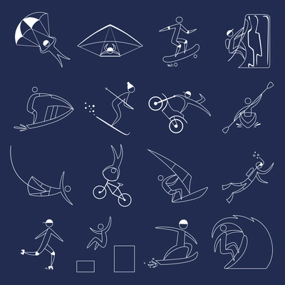 Extreme sports icons outline set of fun leisure holidays isolated vector illustration