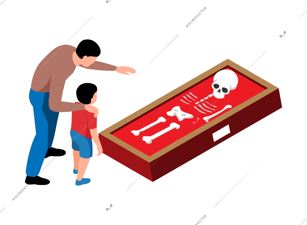 Isometric icon with father and son in historical museum 3d vector illustration