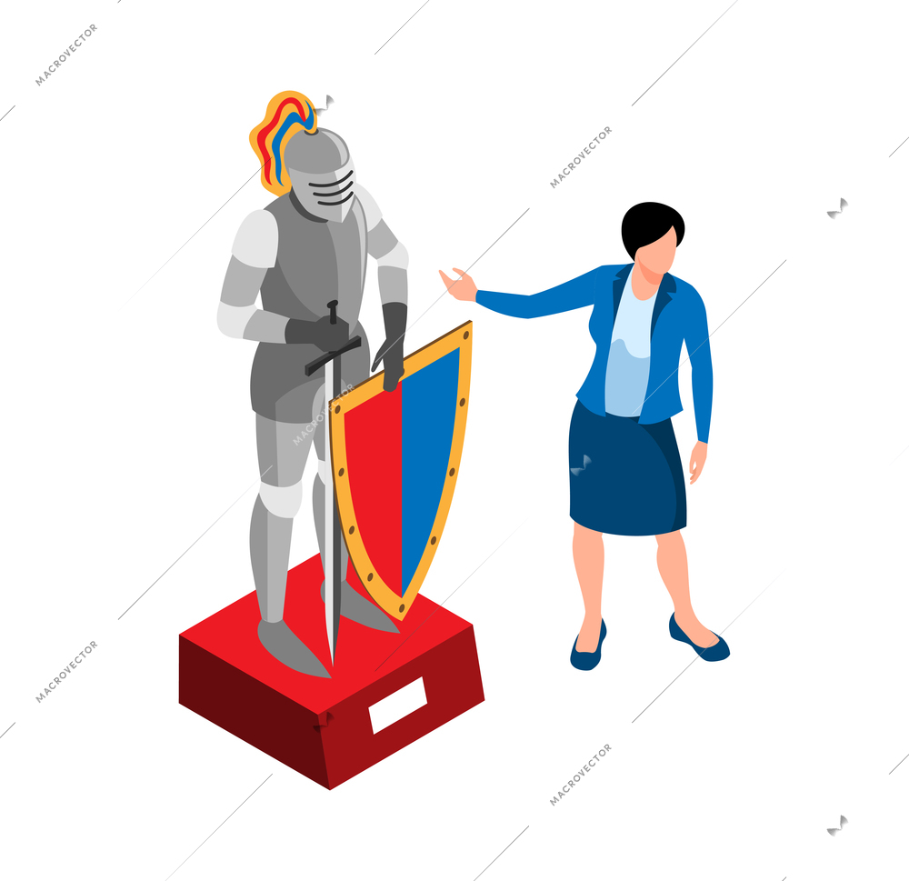 Historical museum curator showing suit of knights armor isometric vector illustration