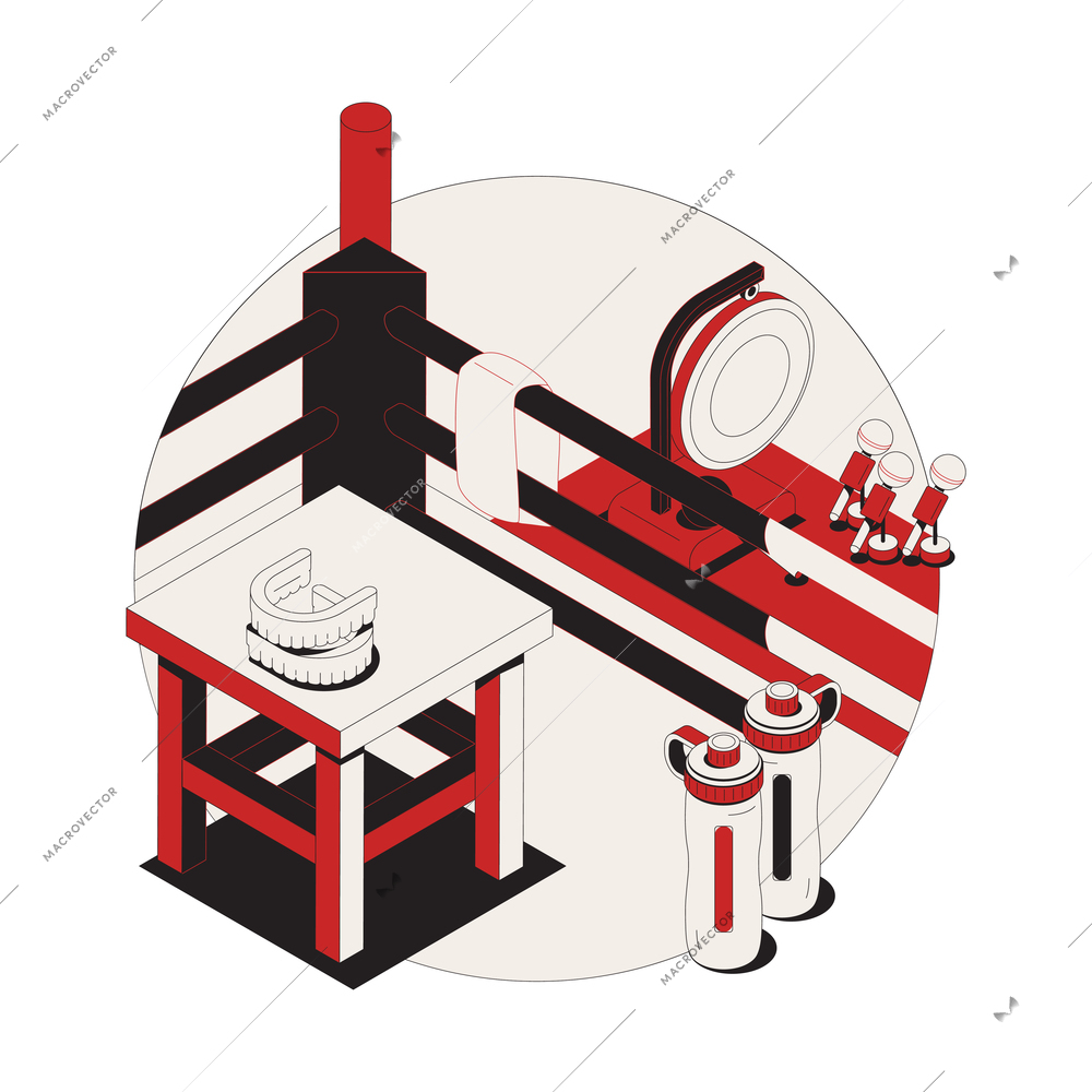 Isometric composition with ring and various equipment for boxing training 3d vector illustration
