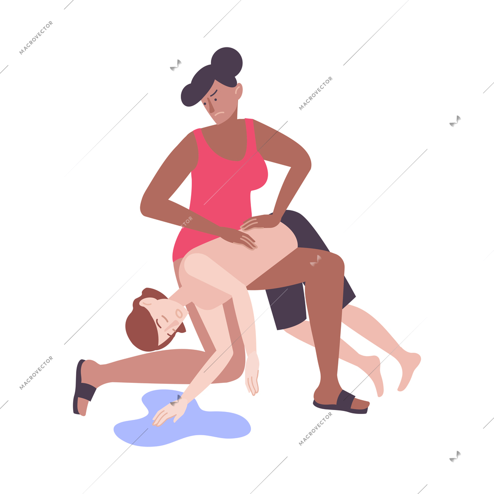 Flat first aid icon with life guard helping sinking person vector illustration